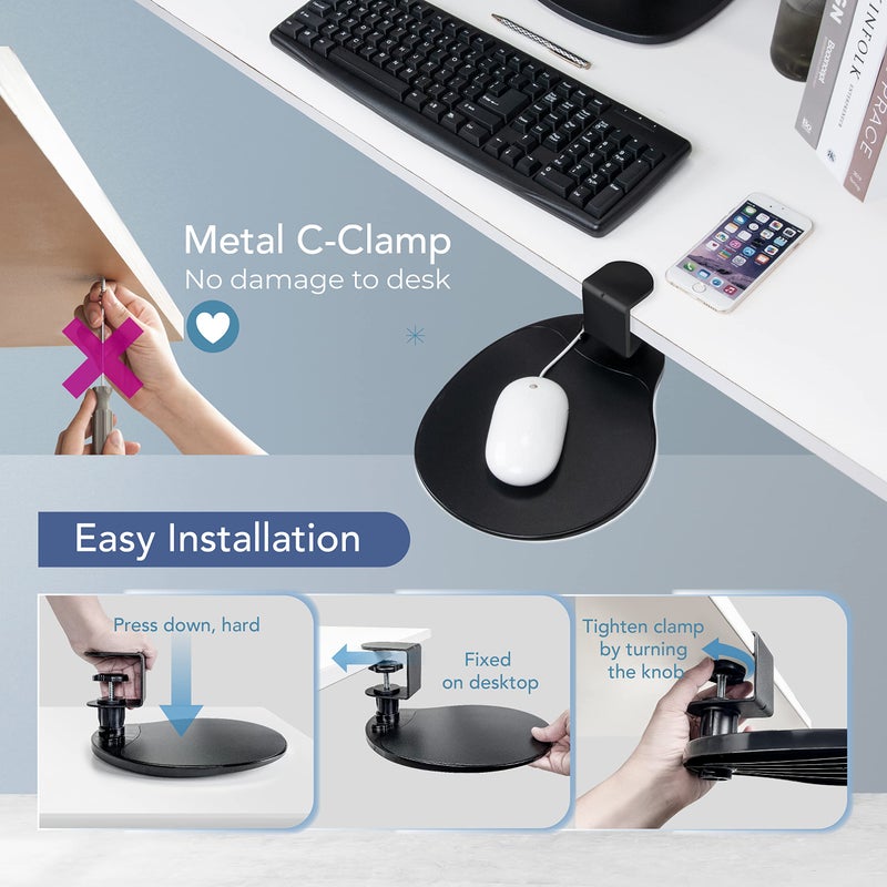 EHO Clamp on Mouse Platform, Clip on Pad Rotating 360 Degree, Ergonomic Mouse Tray Attachment, Mouse Pad, Slide Out Tray, Suitable for 1.5" Thickness Desk, for Home Office Desk Organizer (Platinum) - Image 5